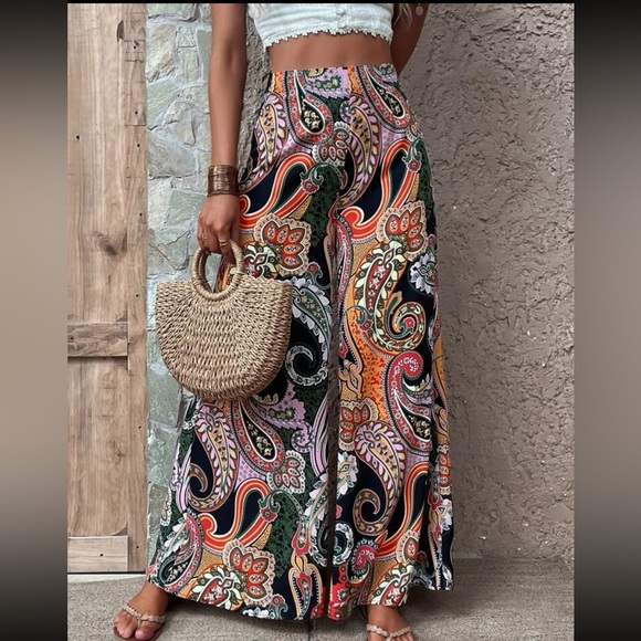 Boho Floral Paisley Print Flare Wide Leg Palazzo Pants - Picture 4 of 5
